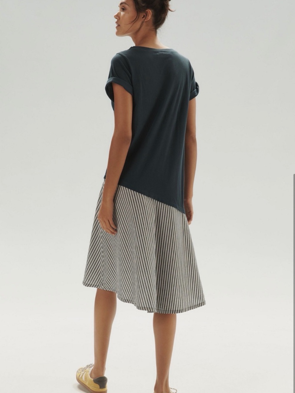 Anthropologie Dark Teal Top with Black and White Striped Midi Skirt - Picture 2 of 3